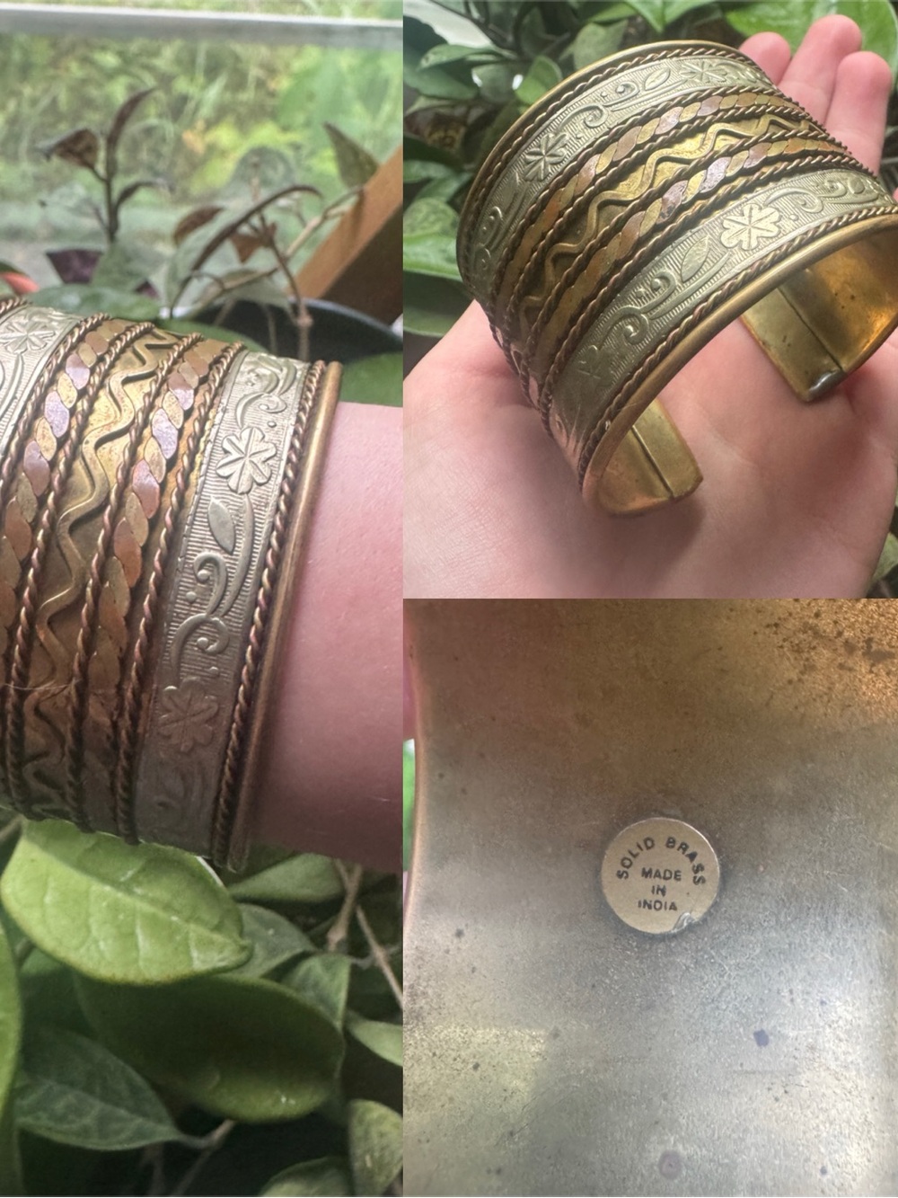 Vintage solid brass bangle cuff with intricate designs